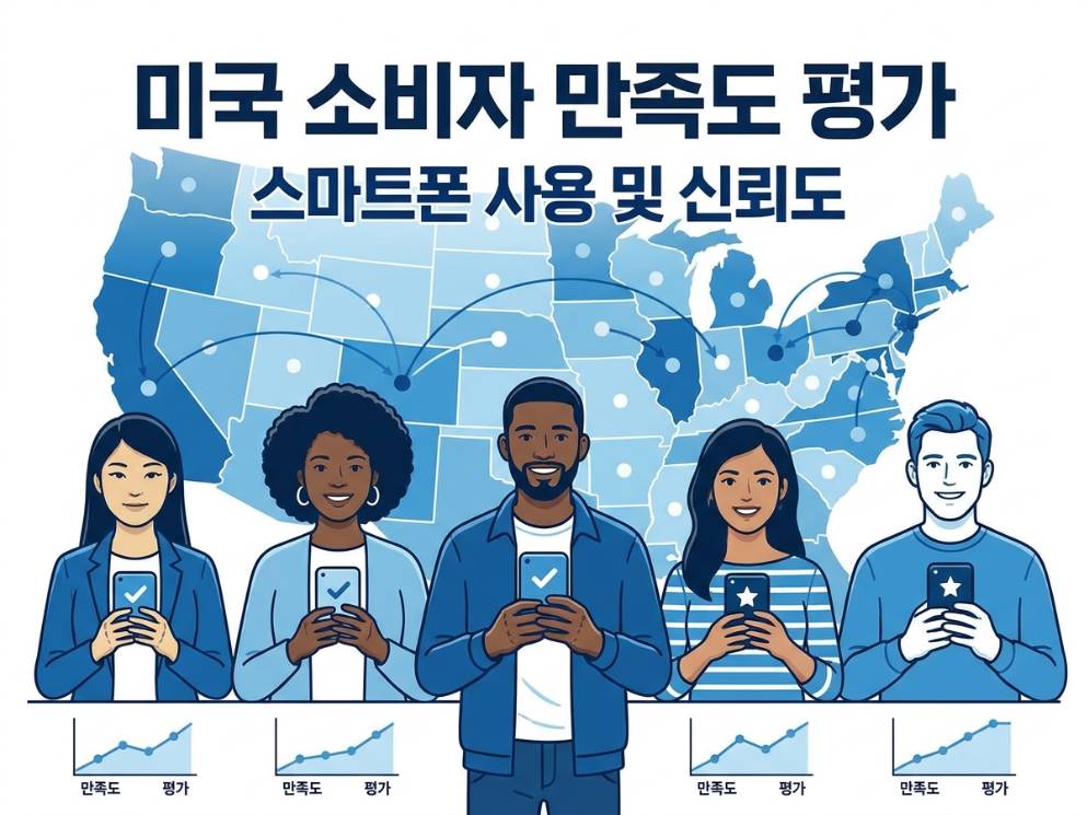 미국 지도를 배경으로 스마트폰을 들고 만족도를 평가하는 다양한 인종의 미국인 소비자들, 파란색과 흰색 계열의 신뢰감 있는 인포그래픽