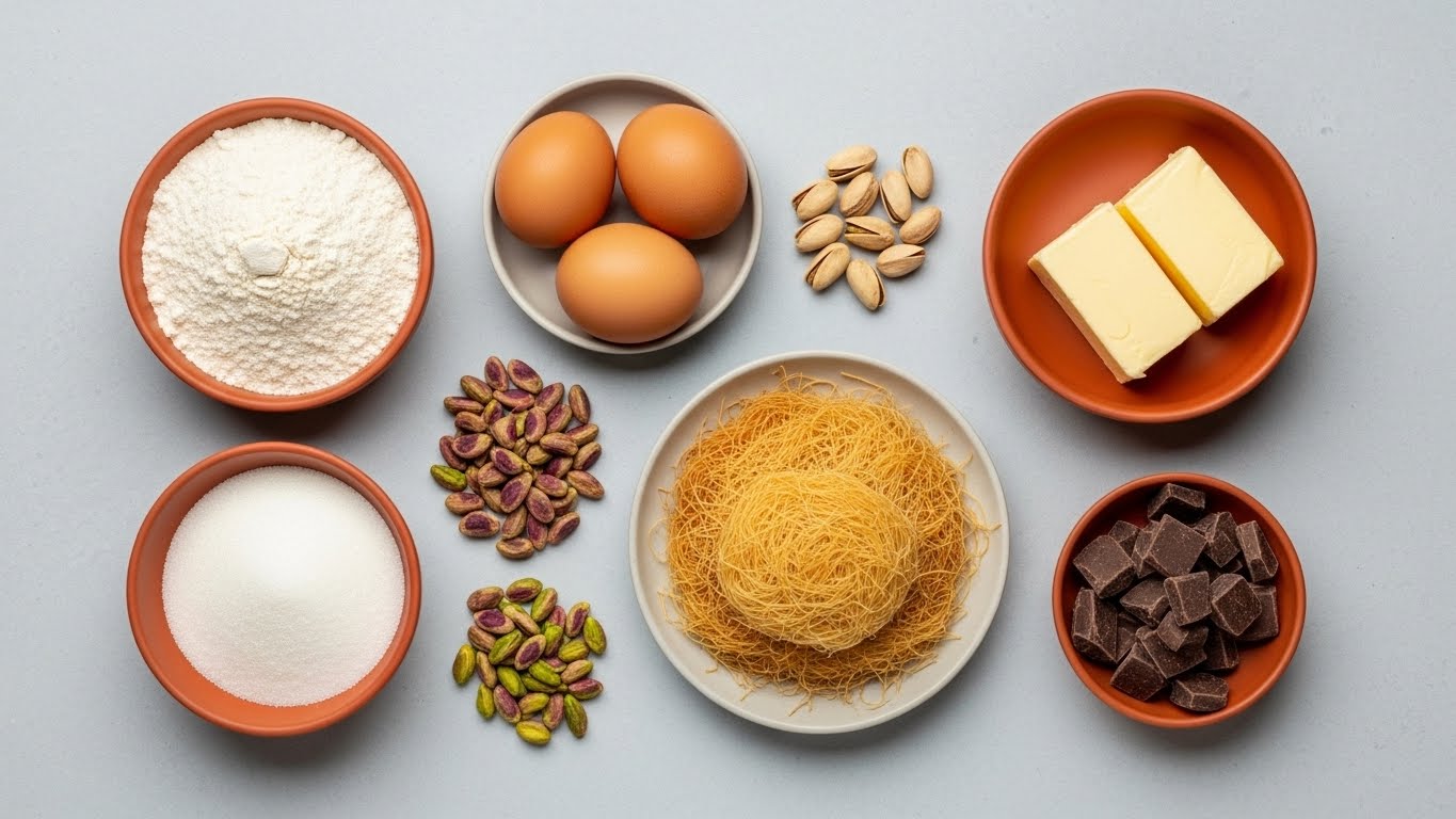 두바이 쫀득 쿠키를 만들기 위한 밀가루, 버터, 설탕, 계란, 피스타치오, 카다이프, 초콜릿 청크 등 고급 재료들이 정갈하게 놓인 모습.