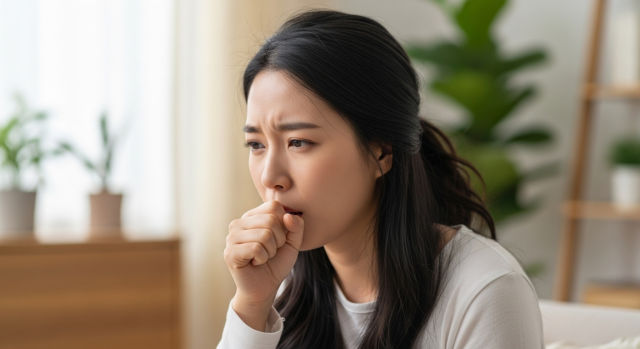 지속적인 마른기침을 하는 여성