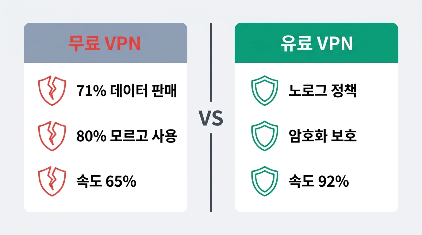 무료 VPN vs 유료 VPN 데이터 수집 비교 인포그래픽 71% 위험 통계