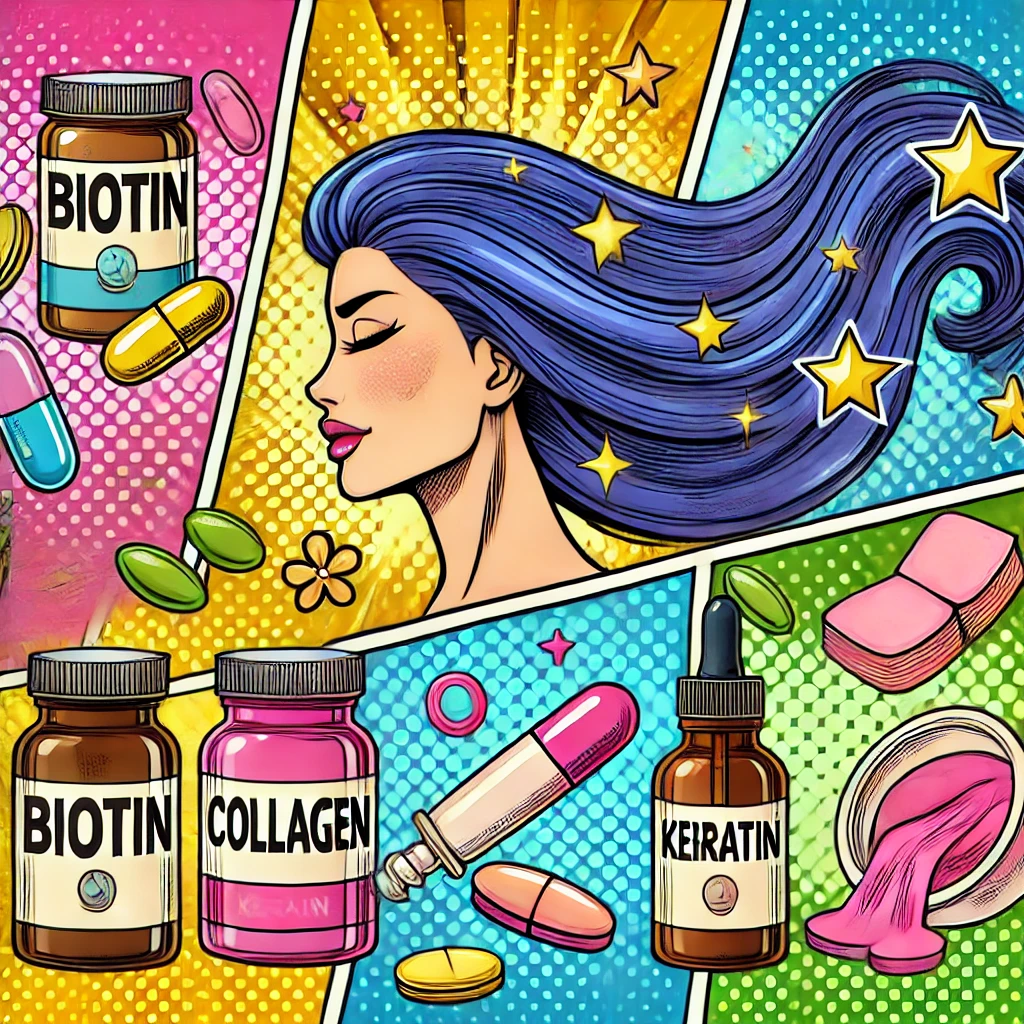 비오틴, 콜라겐, 케라틴 등 모발 건강을 위한 영양제들 (모발 건강 보충제 강조)