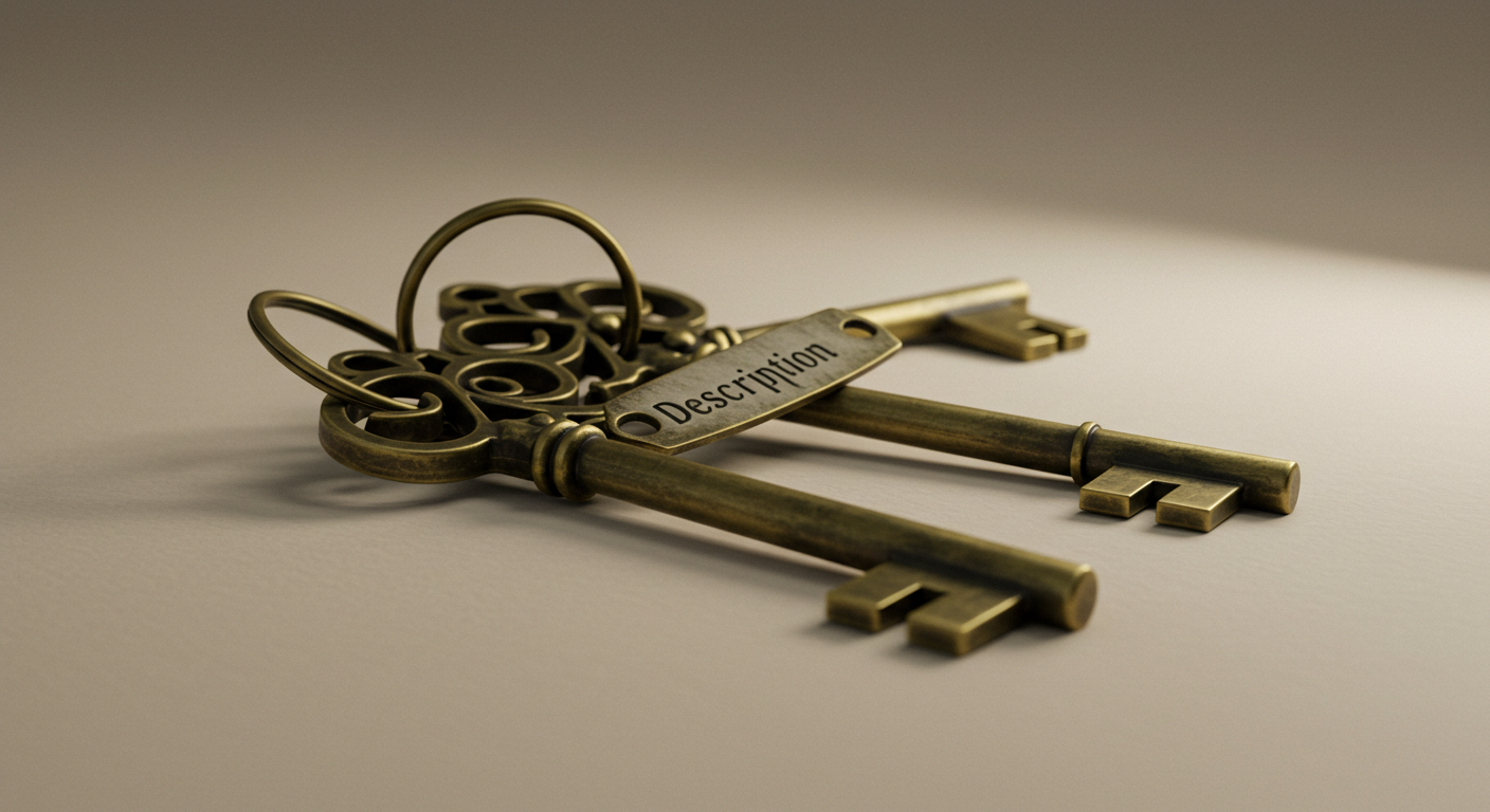 제목·설명·태그를 각각 다른 열쇠로 상징한 미니멀한 개념 이미지
