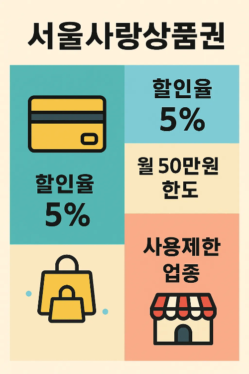 서울사랑상품권의 할인율 5%, 월 50만원 한도, 사용제한 업종 정보까지 정리한 인포그래픽으로 서울페이 상품권을 활용할 때 반드시 확인해야 할 조건들을 담고 있습니다