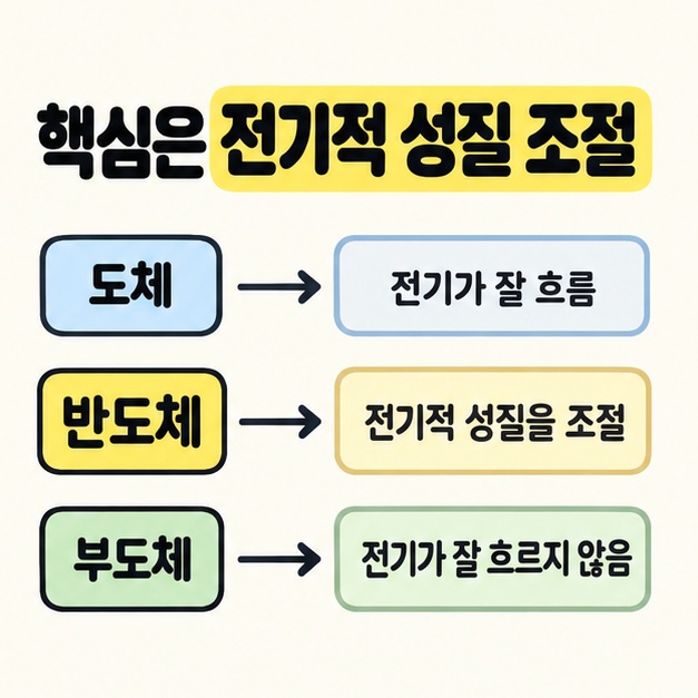 도체와 반도체 및 부도체를 전기의 흐름과 전기적 성질 조절이라는 설명에 각각 연결한 세 행 비교 도식