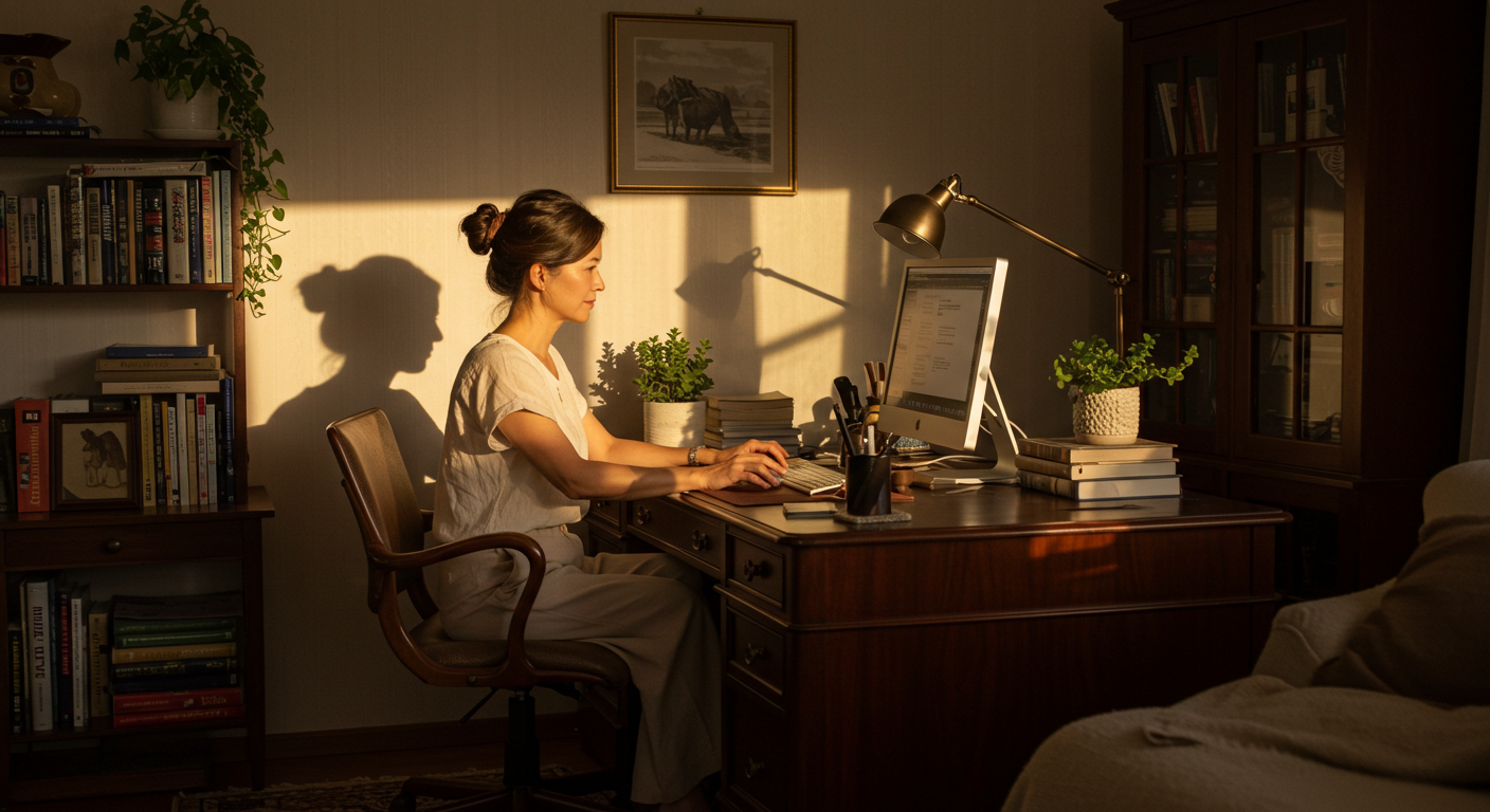 책상앞에서 일을 하고 있는 여성의 이미지.