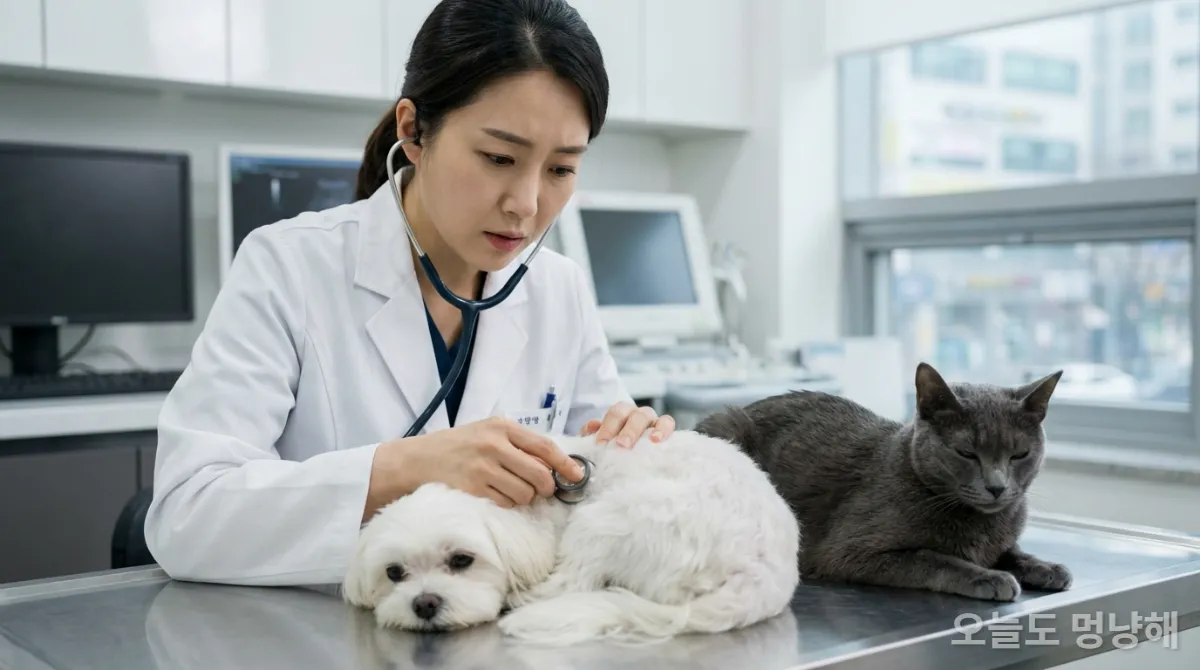 수의사가 무기력해 보이는 강아지와 고양이를 진찰하는 모습, 심각한 건강 이상을 암시.