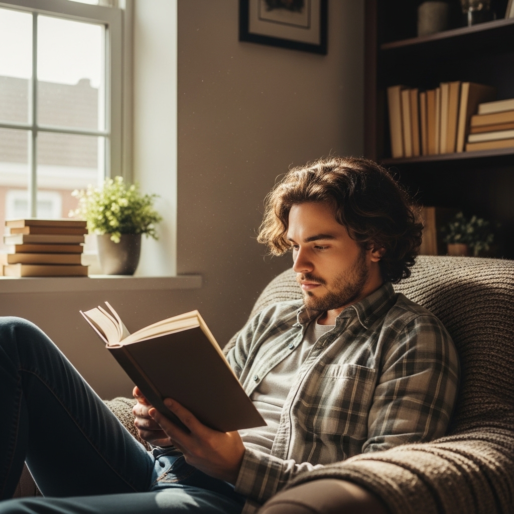 정돈된 환경에서 스마트폰 없이 책에 몰두하는 사람의 모습