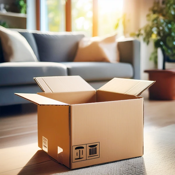 거실이 아웃포커싱 된 배경에 오픈된 택배 박스