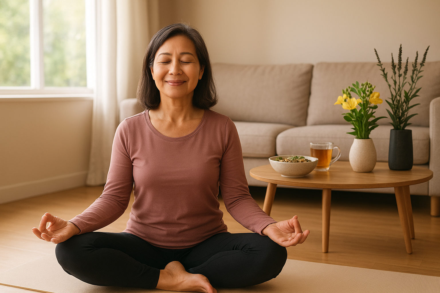 50대 여성 명상하는 이미지