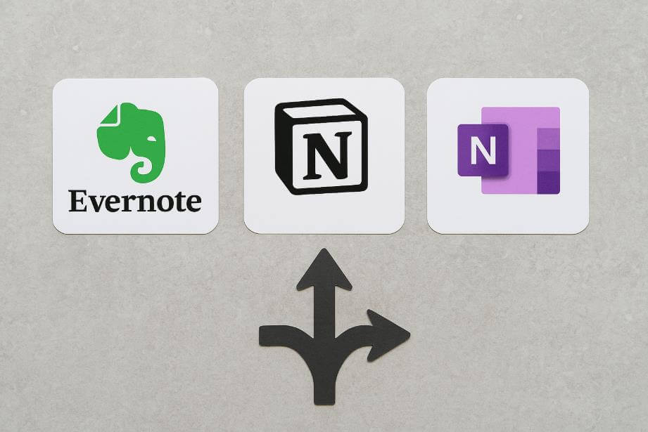 노트 필기 앱 선택지: 에버노트, 노션, 원노트 로고 이미지