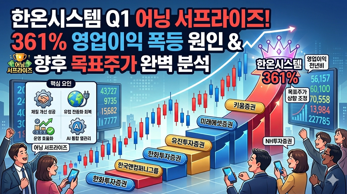 한온시스템의 2026년 1분기 실적 호조와 주가 폭등을 분석하는 블로그 포스팅용 인포그래픽 썸네일. 상단에 대형 한국어 텍스트로 '한온시스템 Q1 어닝 서프라이즈! 361% 영업이익 폭등 원인 &amp; 향후 목표주가 완벽 분석'이 적혀 있다. 중앙에는 '361% 영업이익 전년비'와 '어닝 서프라이즈' 트로피 아이콘이 배치되어 실적 성장을 강조한다. 그 아래로 '핵심 요인' 아이콘 리스트가 있어 '체질 개선 성공', '유럽 전동화 회복', '운영 효율화', 'AI 통합 열관리'를 설명한다. 하단에는 '한국앤컴퍼니그룹', '한화투자증권', '유진투자증권', '미래에셋증권', 'NH투자증권', '키움증권' 등 증권사 분석 탭이 계단식으로 구성되어 있다. 배경으로는 상승하는 캔들차트 그래프와 왕관을 쓴 주가 폭등 이미지, '목표주가 상향 조정', '52주 신고가' 등 긍정적인 지표들이 배치되어 있으며, 환호하는 투자자들과 '어닝 서프라이즈 361%' 전광판이 활기찬 분위기를 전달한다.