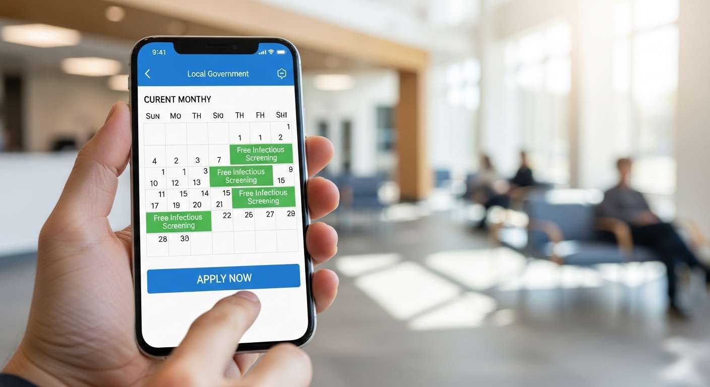 스마트폰 화면에 보건소 무료 감염병 검진 신청 페이지가 보이는 모습. 온라인으로 간편하게 정보를 확인하고 예약하는 과정을 보여줍니다.
