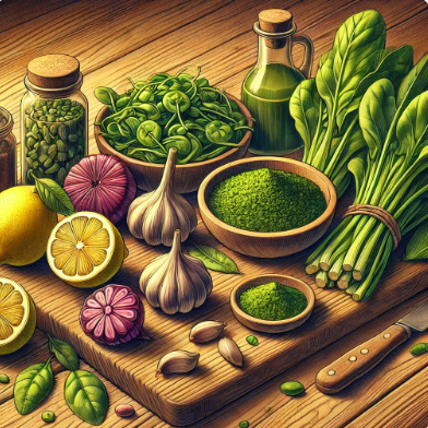 중금속 해독을 위한 건강 식품(레몬, 마늘, 스피룰리나 등)이 담긴 따뜻한 주방 풍경