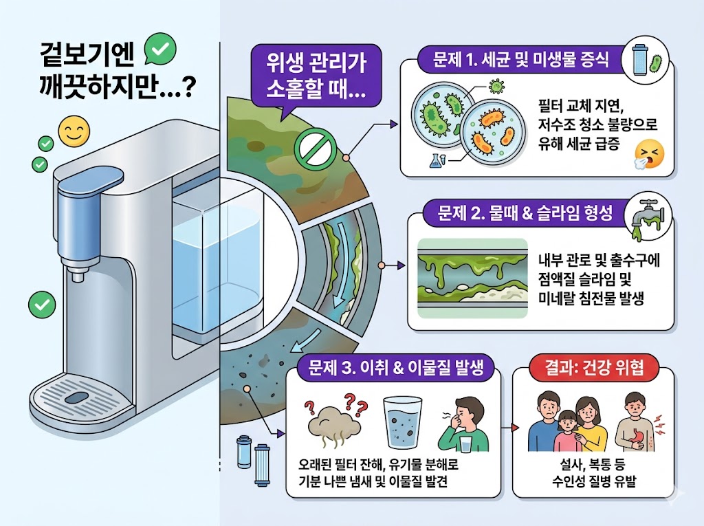 정수기 위생 관리를 하지 않을 때 발생하는 문제를 설명하는 이미지