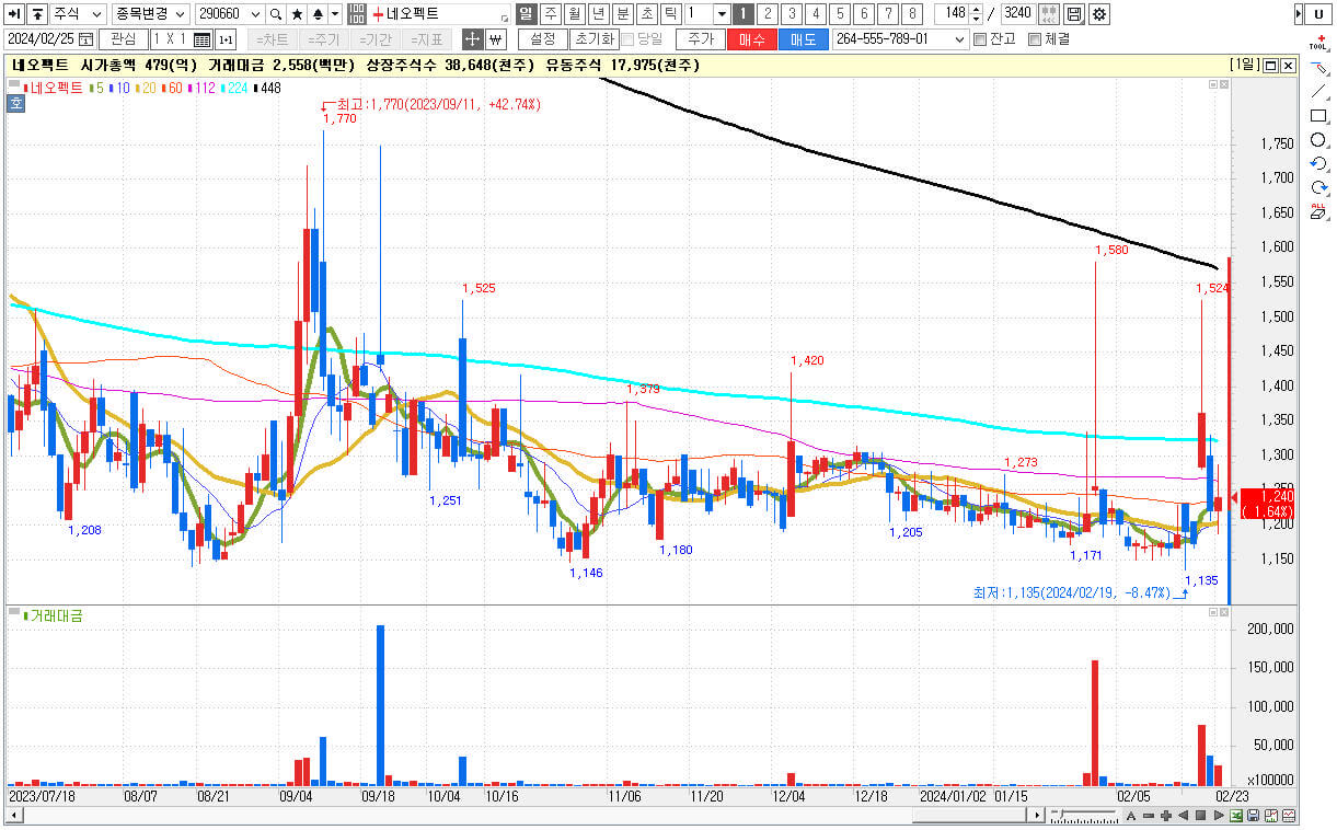비대면 진료 관련주 대장주 네오펙트 주식 차트