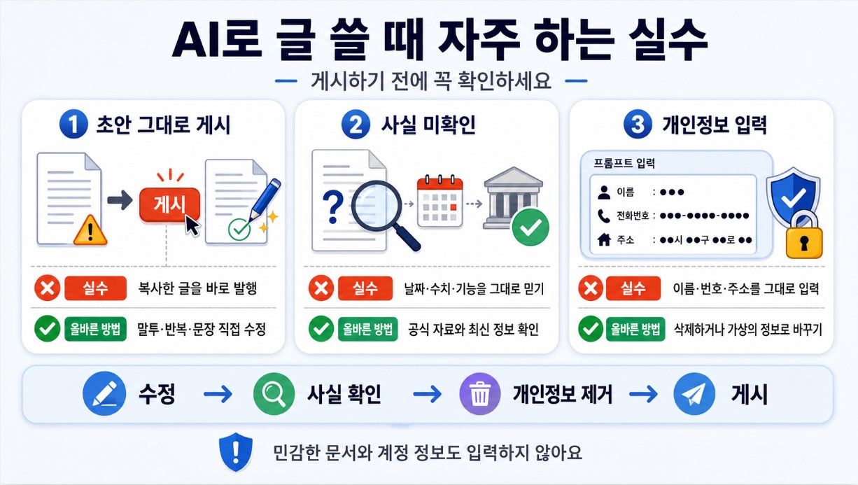 자주 하는 실수 : 그대로 게시·사실 미확인·개인정보 입력 비교