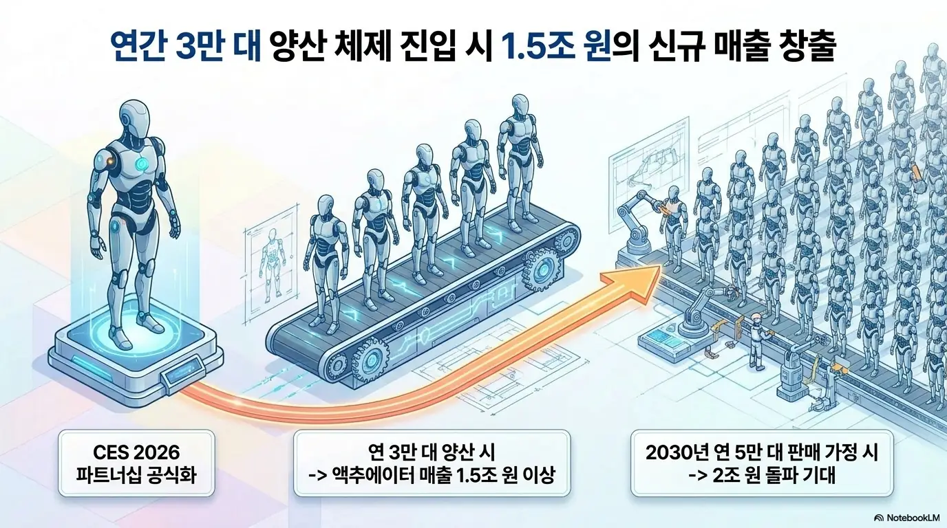 현대모비스 주가 전망: &amp;#39;연간 3만 대 양산 체제 진입 시 1.5조 원의 신규 매출 창출&amp;#39;이라는 문구가 포함된 인포그래픽 이미지. 이 이미지는 현대모비스 로봇 액추에이터가 연 3만 대 양산 시 1.5조원&amp;#44; 2030년 5만 대 판매 시 2조원을 돌파할 수 있다는 매출 전망을 시각적으로 전달하며&amp;#44; 블로그의 현대모비스 주가 전망과 관련된 내용을 설명함