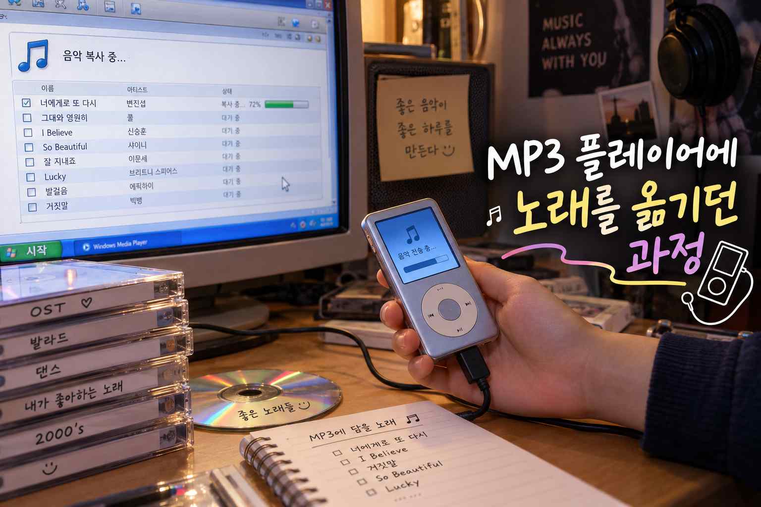 컴퓨터에 연결된 작은 MP3 플레이어와 음악 전송 화면, MP3 노래 옮기기 제목 문구
