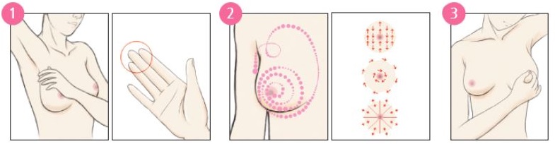 유방암 자가검진 2단계 - 서거나 앉은 자세에서 손가락 바닥면으로 원을 그리며 유방 전체를 촉진하기