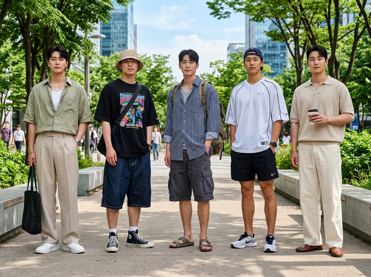 Korean summer street style, various oversized outfit combinations, vivid colors including cobalt blue and red graphic tee, wide pants and cropped tops, bright summer atmosphere