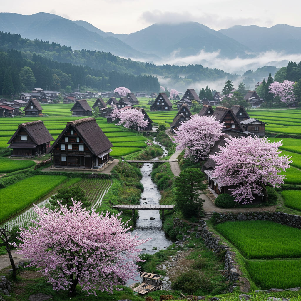 녹색 풍경과 일본 전통 초가집 마을