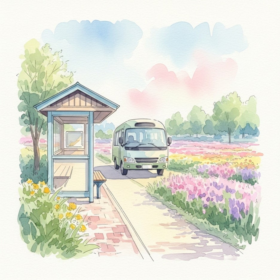 공원 근처로 도착하는 셔틀버스와 정류장