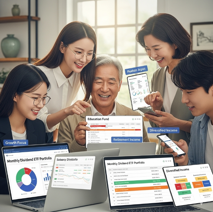 다양한 나이대의 사람들이 자신의 노트북이나 스마트폰을 보며 미소 짓고 있다. 각자 다른 투자 목표를 가지고 월배당 ETF 포트폴리오를 관리하는 모습을 나타낸다.
