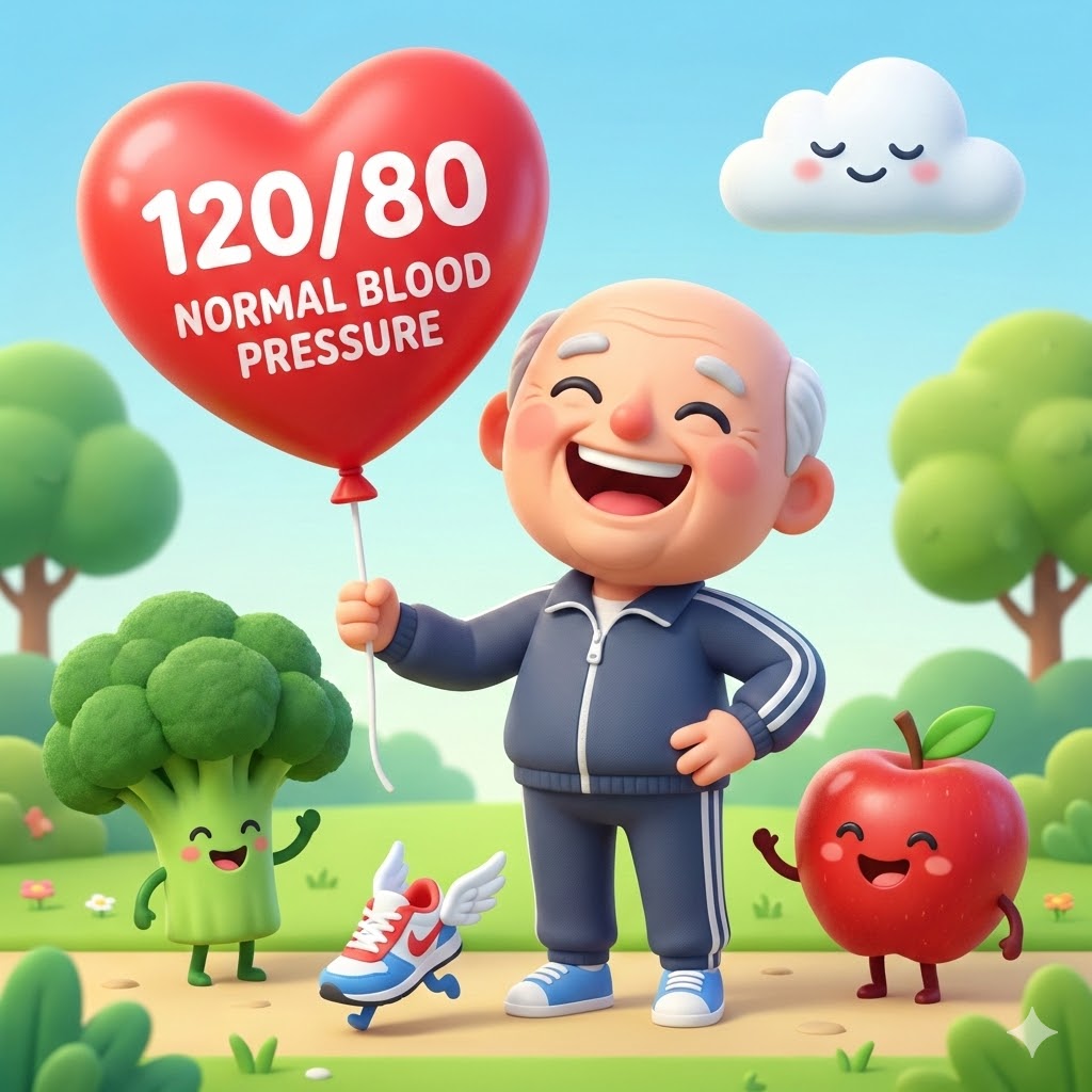 70대 노년층이 건강한 혈압 수치에 대한 정보를 얻고 활기차게 생활하는 모습이 담긴 3D 카툰 일러스트.