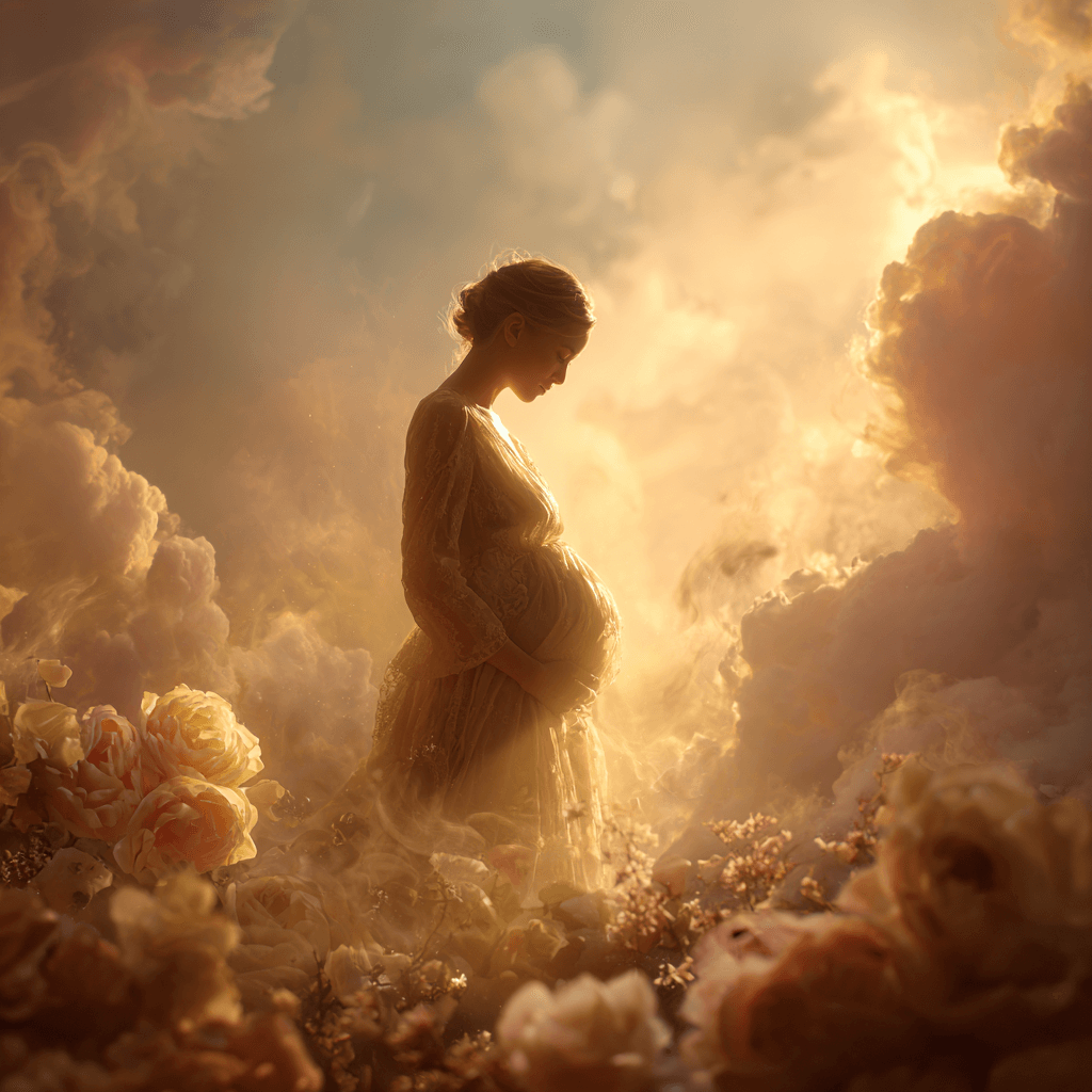 꿈속에서 임신한 여성이 빛나는 배를 감싸 안고 있는 몽환적인 장면, 따뜻한 황금빛과 꽃, 구름이 어우러진 환상적인 분위기