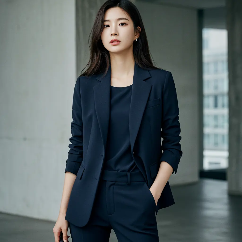 블랙수트를 입은 트랜디한 여성 이미지