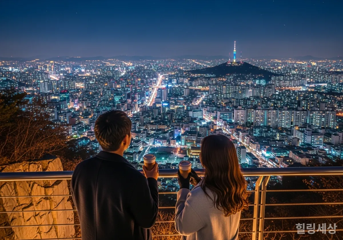 창신동 채석장 전망대 카페에서 서울 야경을 바라보며 커피를 마시는 한국 커플의 뒷모습