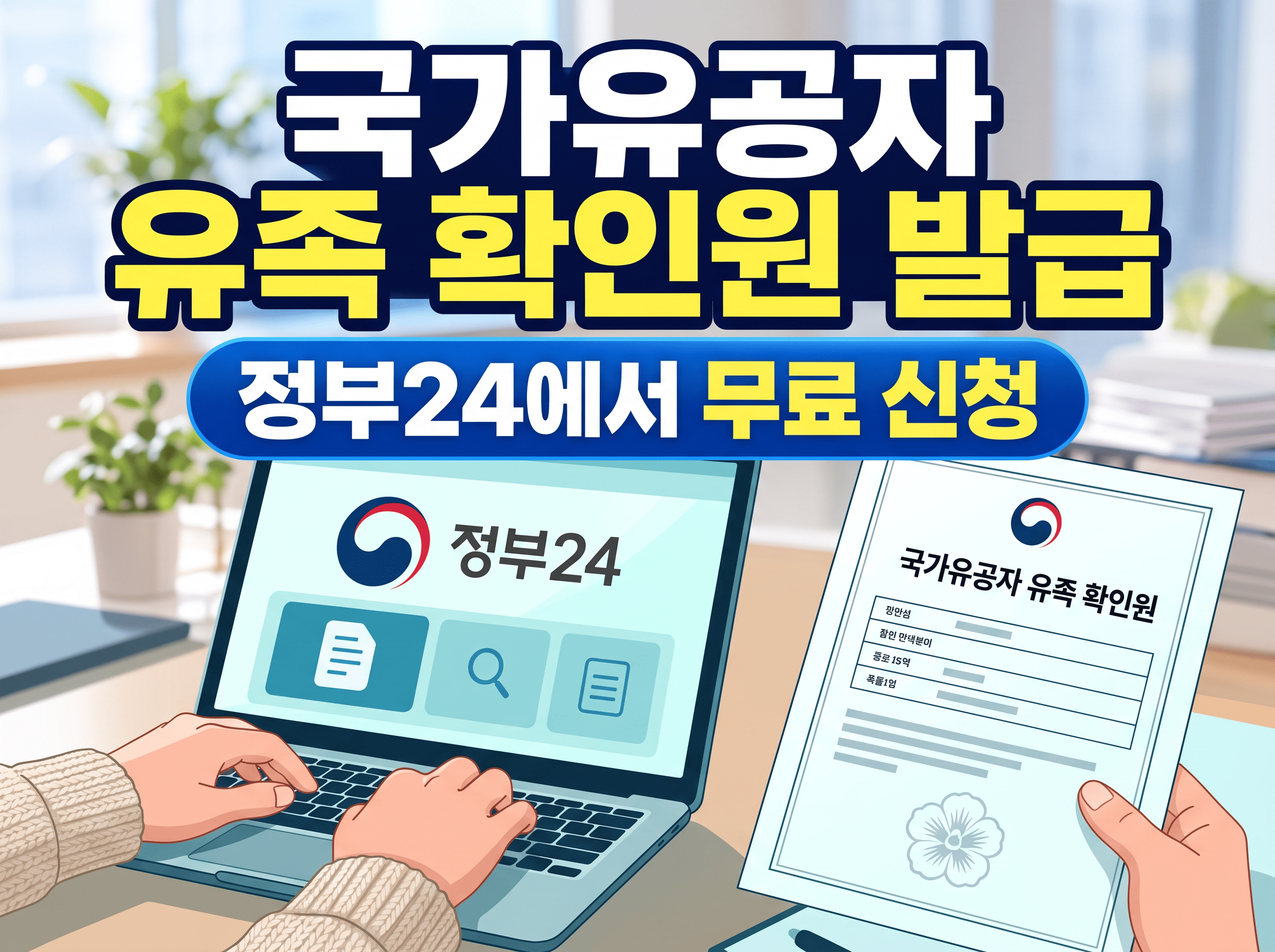 가족관계와 행정서류를 배경으로 국가유공자 선순위 유족 승계와 사망 후 다음 순위를 안내하는 이미지