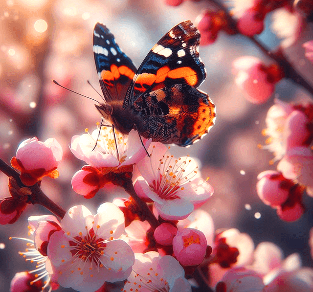 연분홍색 벚꽃 위에 갈색 나비 한 마리가 앉아있다.