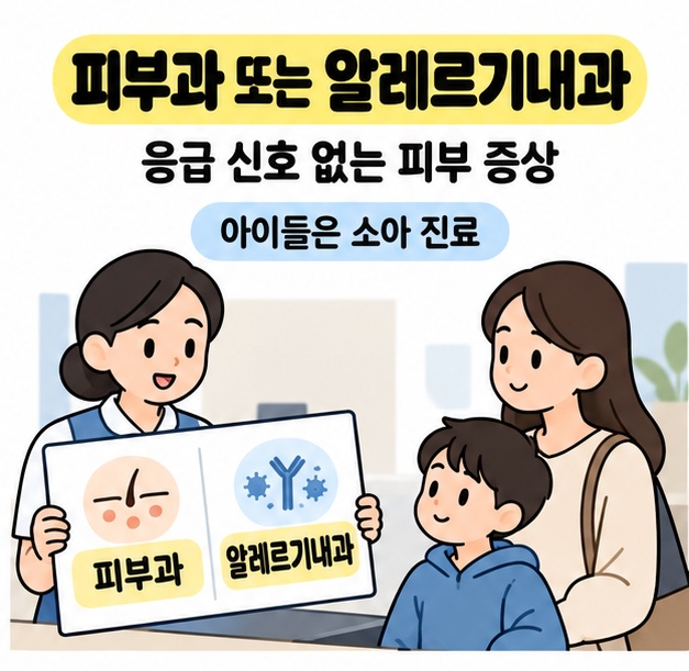 피부과 또는 알레르기내과 안내판을 의료진이 보여주고 보호자와 아이가 소아 진료 안내를 듣는 모습