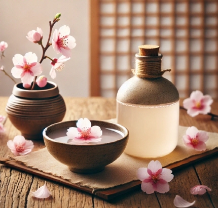 꽃잎이 띄워진 한국 전통 이화 주와 벚꽃 장식이 어우러진 따뜻한 분위기의 이미지