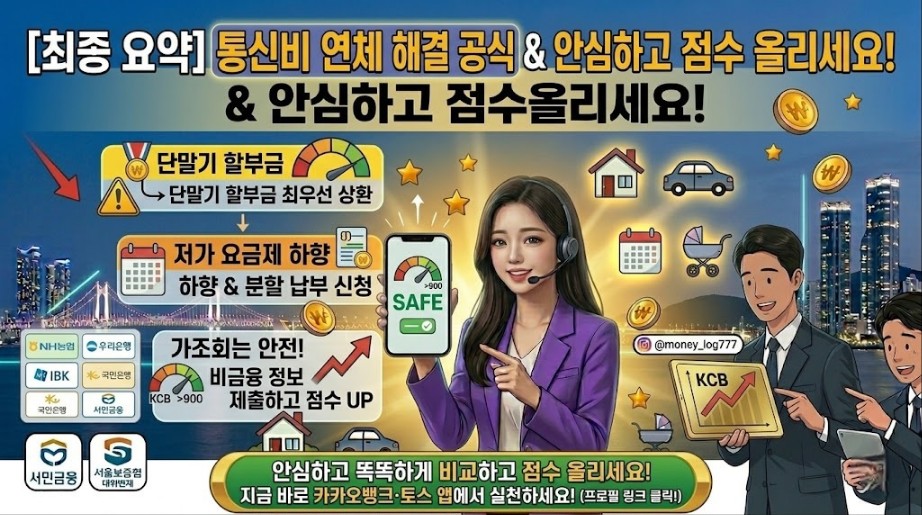 통신비 연체 시 단말기 할부금 최우선 상환 및 저가 요금제 하향 등 현명한 대처법을 안내하고, 비금융 정보 제출을 통한 안전한 신용점수 올리기 방법을 요약한 돈되는 생활정보 블로그 최종 마무리 이미지