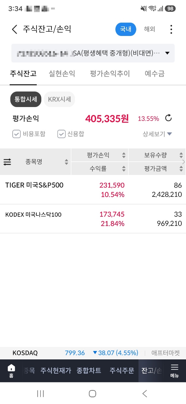 ISA 계좌 보유 종목 TIGER S&P500 KODEX 나스닥100 평가손익