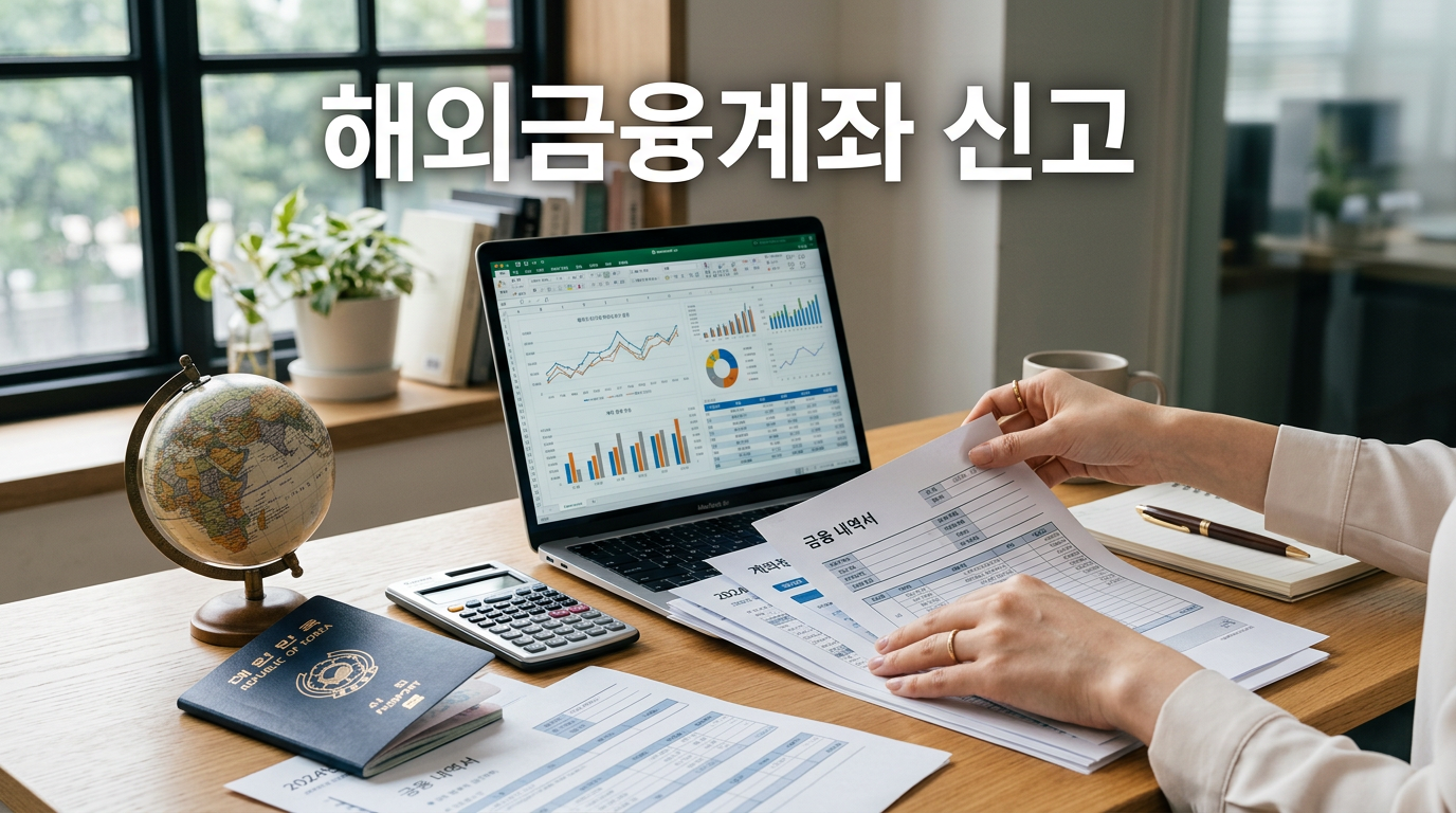 해외금융계좌 신고 서류와 계산기를 정리하는 모습을 보여주는 사진