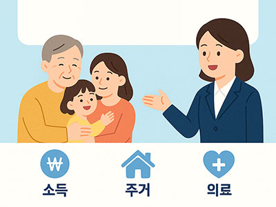 소득&middot;주거&middot;의료 아이콘과 함께 기초생활 수급자 가족과 공무원 캐릭터가 그려져 있다.