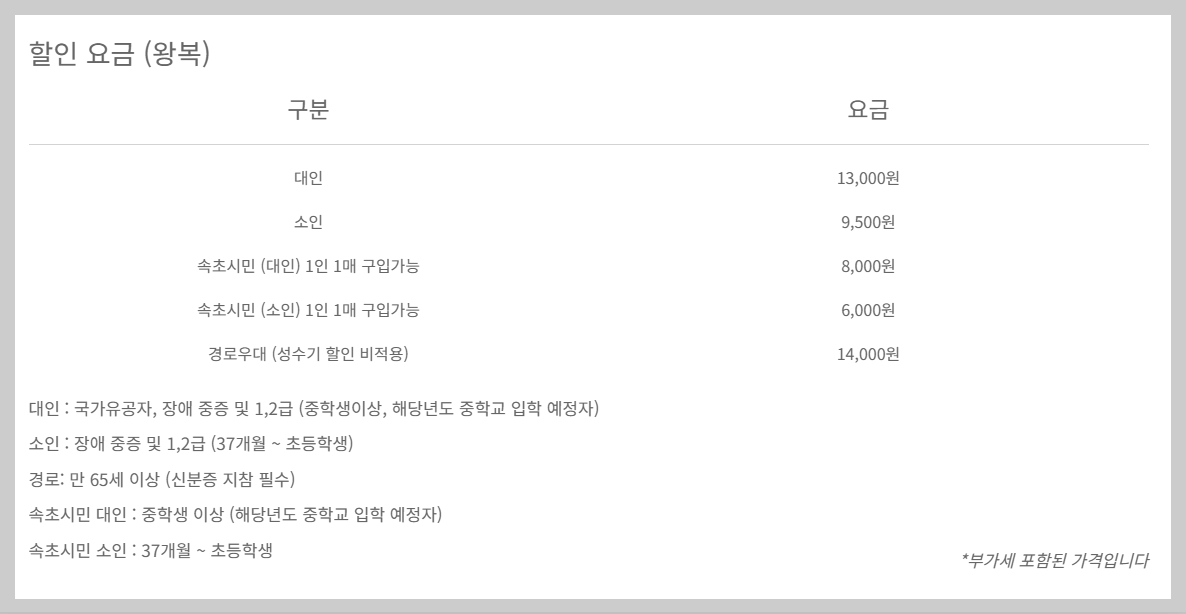 설악산케이블카 할인요금표(왕복)