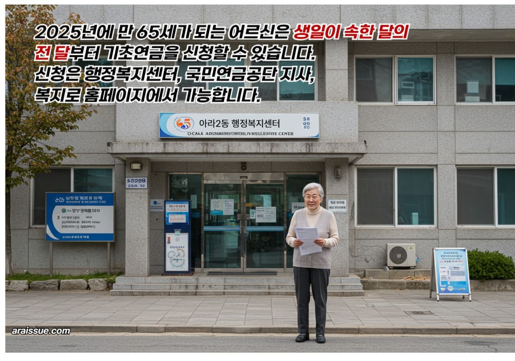 2025년에 만 65세가 되는 어르신은 생일이 속한 달의 전 달부터 기초연금을 신청할 수 있습니다. 신청은 행정복지센터, 국민연금공단 지사, 복지로 홈페이지에서 가능합니다.