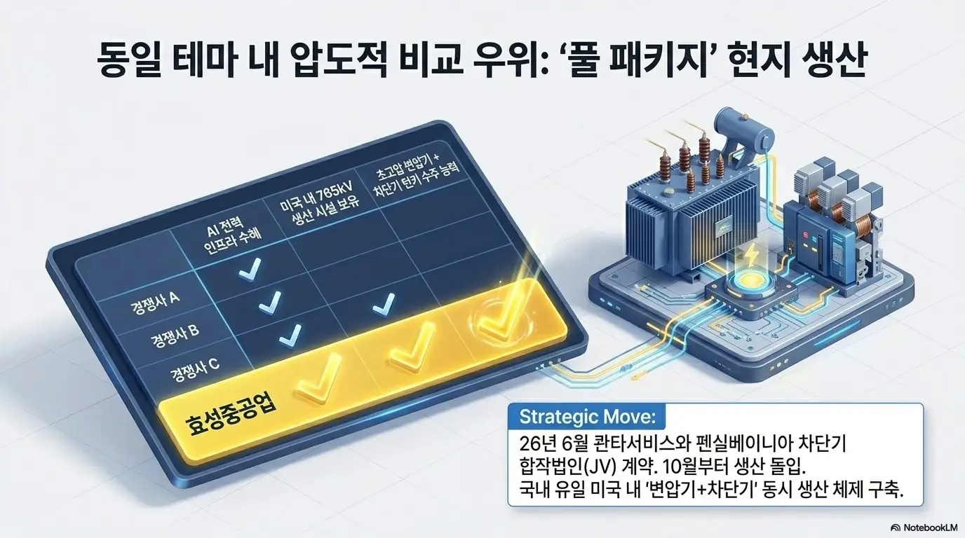 효성중공업 주가 전망: 효성중공업과 경쟁사를 AI 전력 인프라 수혜, 미국 내 765kV 생산 시설, 변압기와 차단기 패키지 수주 능력으로 비교한 표 인포그래픽. 2026년 6월 콴타서비스와 펜실베이니아 차단기 합작법인 계약으로 국내 유일 미국 내 변압기·차단기 동시 생산 체제를 갖춘 점을 설명함.