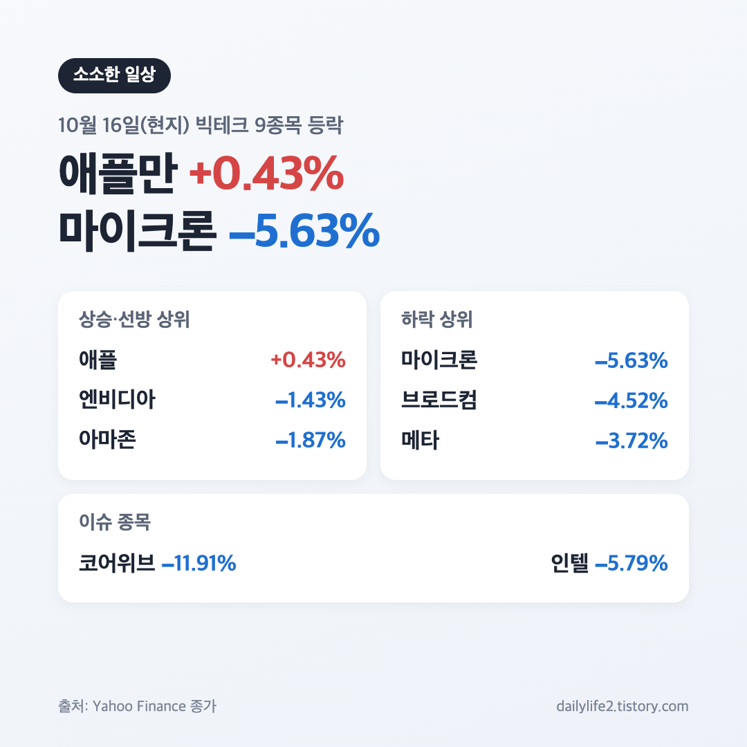 10월 16일 미국 증시 빅테크 9종목 등락률, 애플 상승과 마이크론 하락