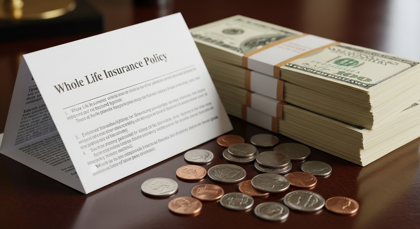 종신보험 증서와 현금/동전이 함께 놓여있는 모습. '현금화'를 시각화