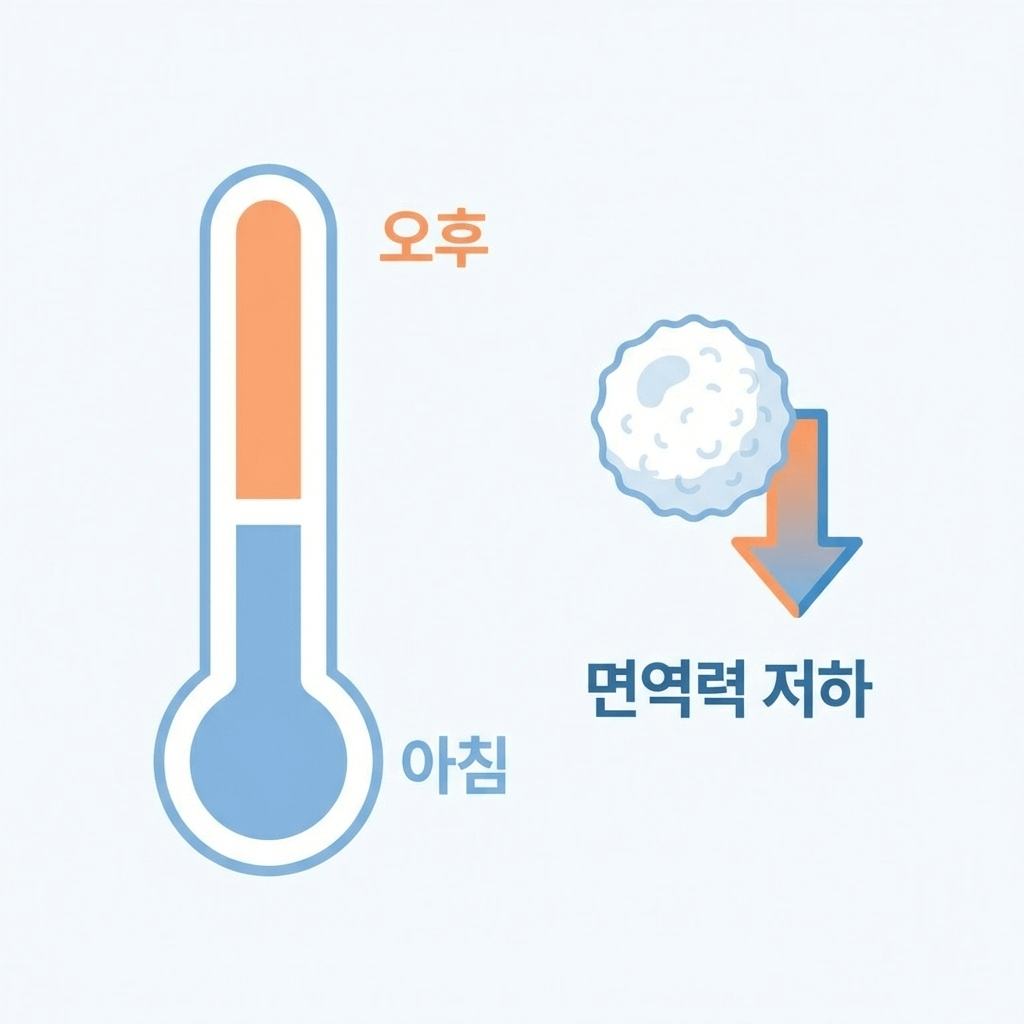 환절기 일교차와 면역세포 활성 변화 그래프 일러스트