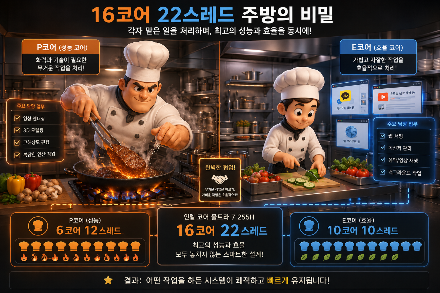 인텔 코어 울트라 프로세서를 레스토랑 주방으로 표현한 3D 렌더링 이미지. 강력한 P코어 셰프가 렌더링과 고성능 작업을 수행하고, E코어 셰프가 웹 브라우저와 메신저 등 백그라운드 작업을 처리하며 협력하는 모습을 보여준다.