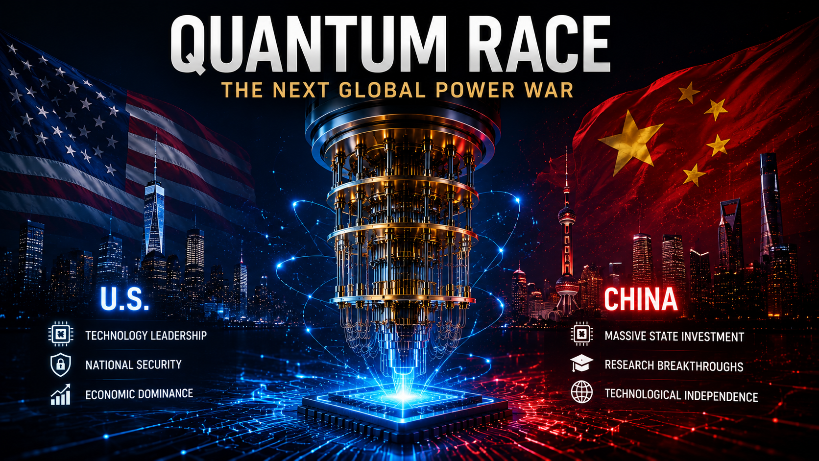 Futuristic US versus China quantum computing technology rivalry concept with digital city skylines