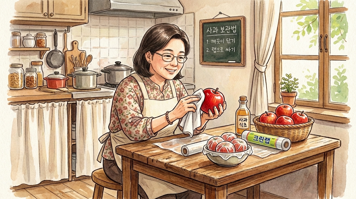 붉은 사과를 식초 묻힌 수건으로 정성스럽게 닦고, 옆에 랩으로 깔끔하게 포장하고 있는 여성의 모습.
