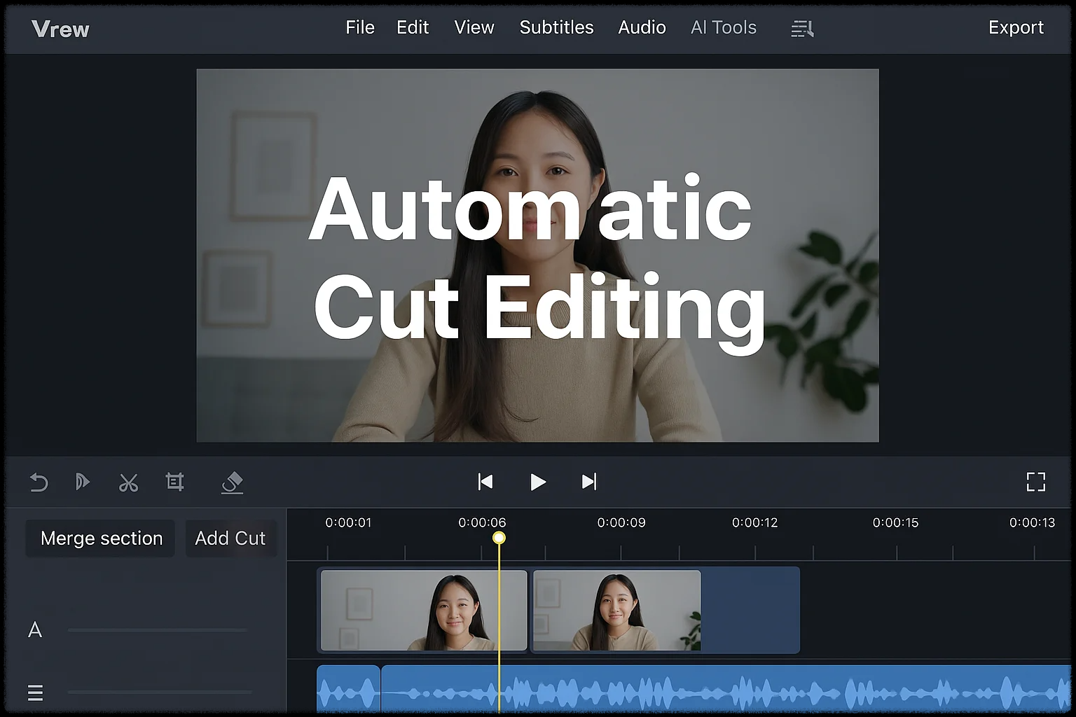 자동 컷 편집 기능을 사용하는 Vrew 인터페이스