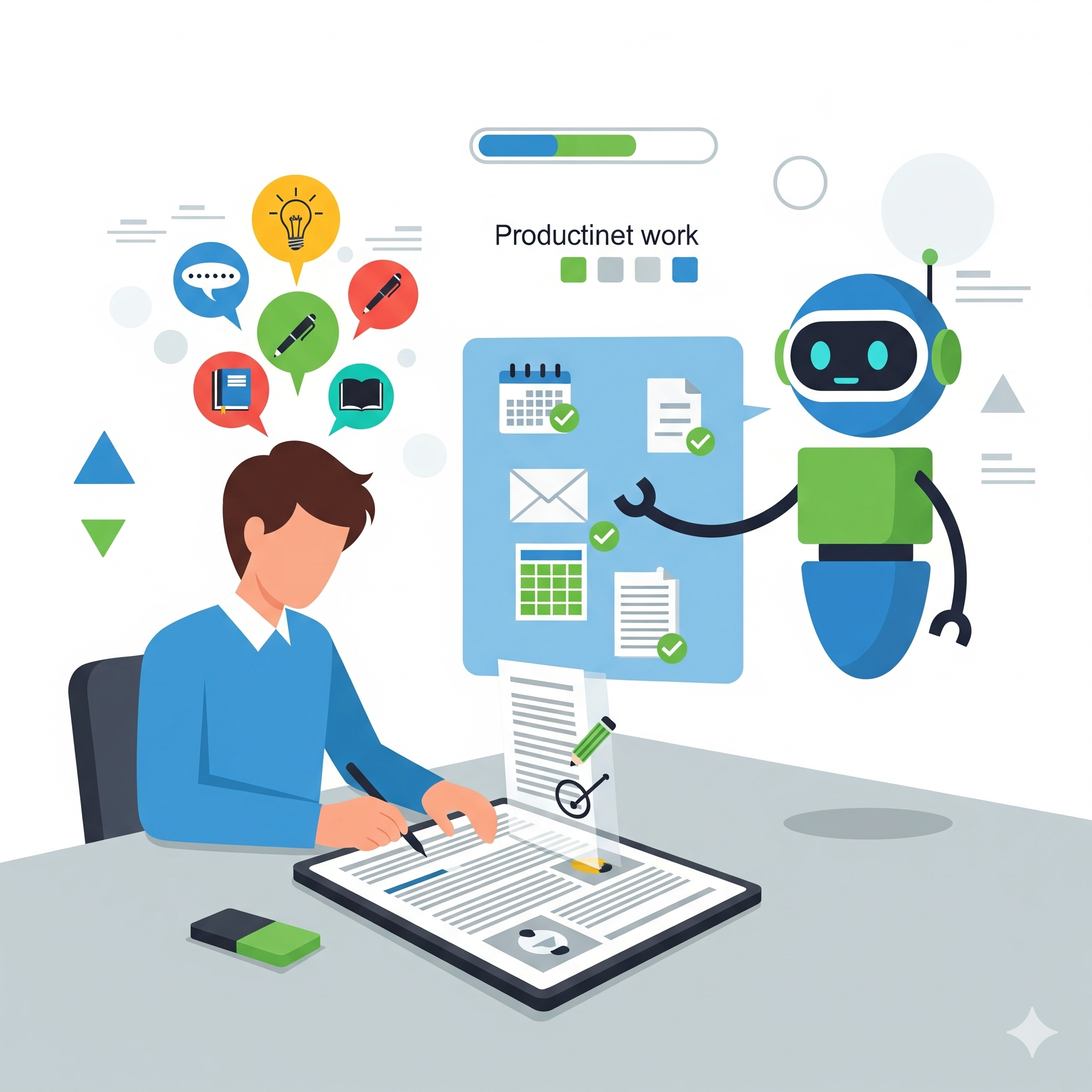 사람과 AI가 협업하는 글쓰기 작업 공간 일러스트. 책상에서 창작 업무에 집중하는 사람과 AI 어시스턴트가 함께 작업하며, 브레인스토밍 말풍선, 문서 초안, 편집 기호, 생산성 지표 등의 워크플로 요소들이 표시됨"